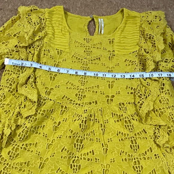Anthropologie Yellow Lace Ruffle Blouse Women’s 14 Boho Chic Crochet Eyelet Top - Picture 10 of 12